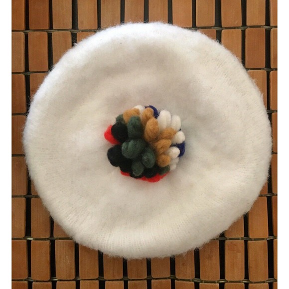 Vintage Beret White Felt With Pom Pom hat Ooh La La! - Picture 6 of 12
